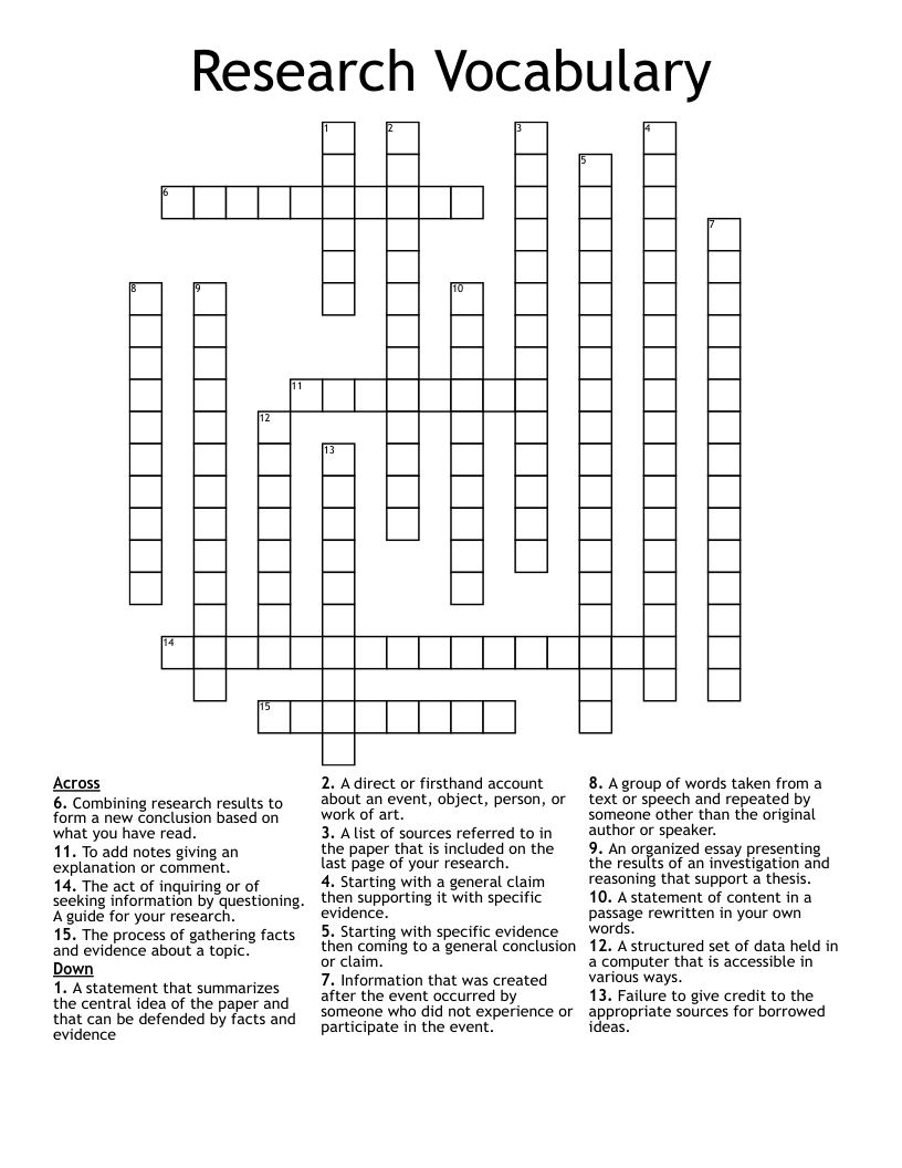Research Vocabulary Crossword
