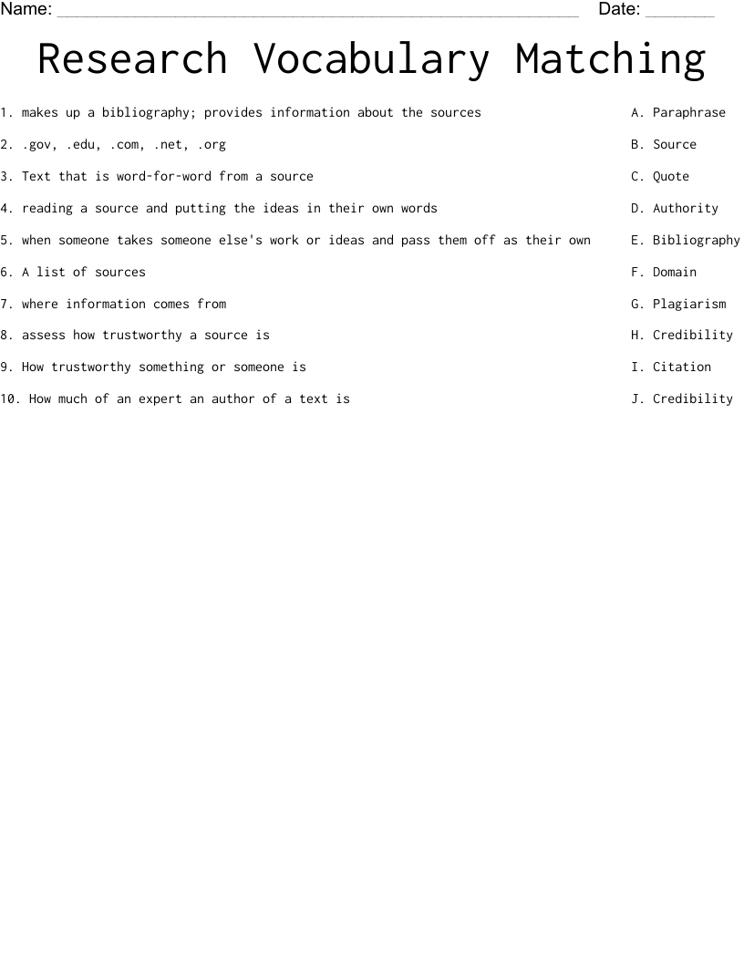 Research Vocabulary Matching Worksheet