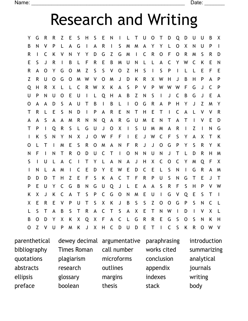 Research and Writing Word Search