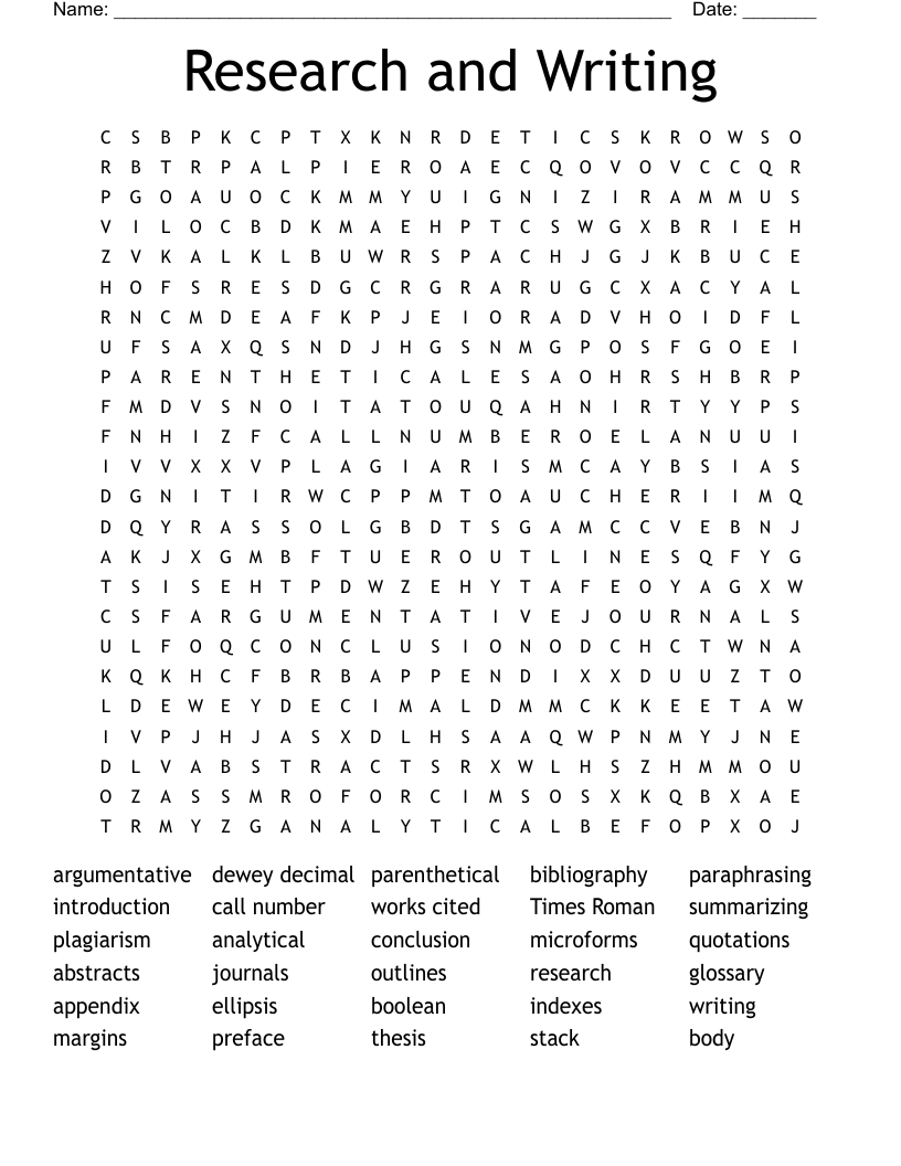 Research and Writing Word Search