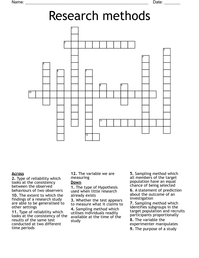 Research methods Crossword
