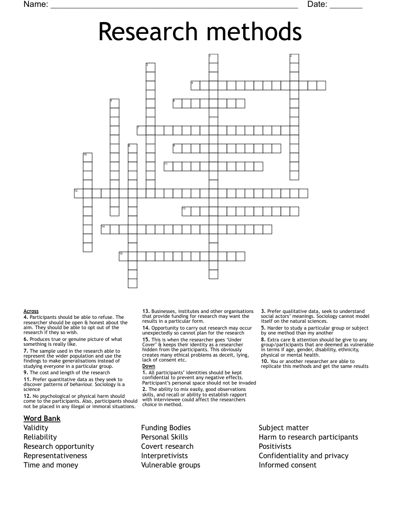 Research methods Crossword