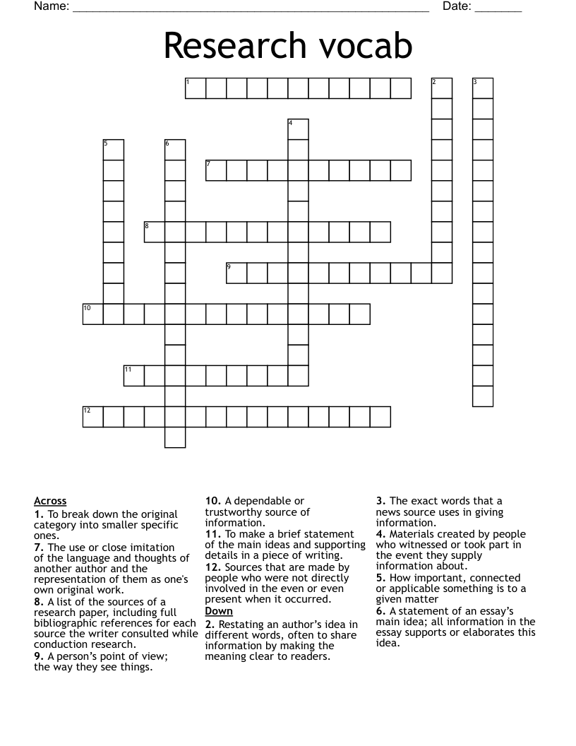 Research vocab Crossword