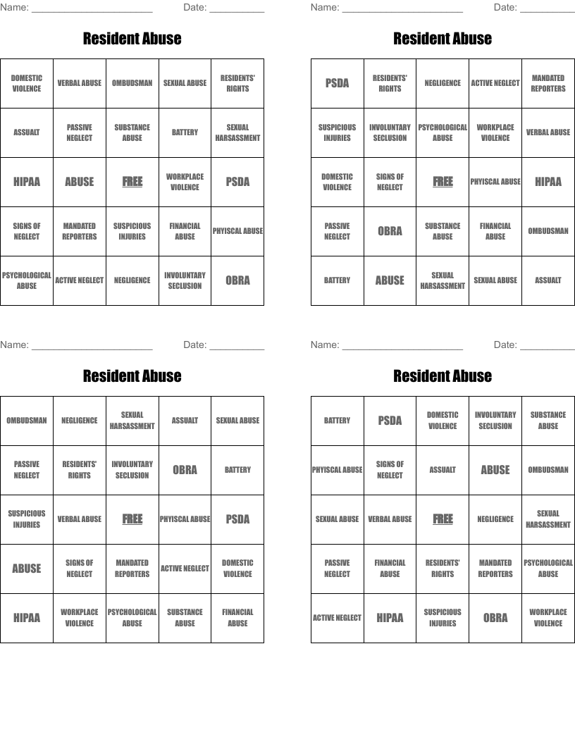 Resident Abuse Bingo Cards