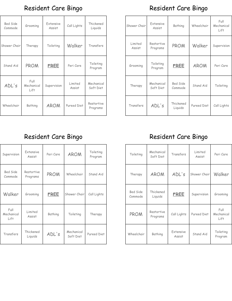 Resident Care Bingo