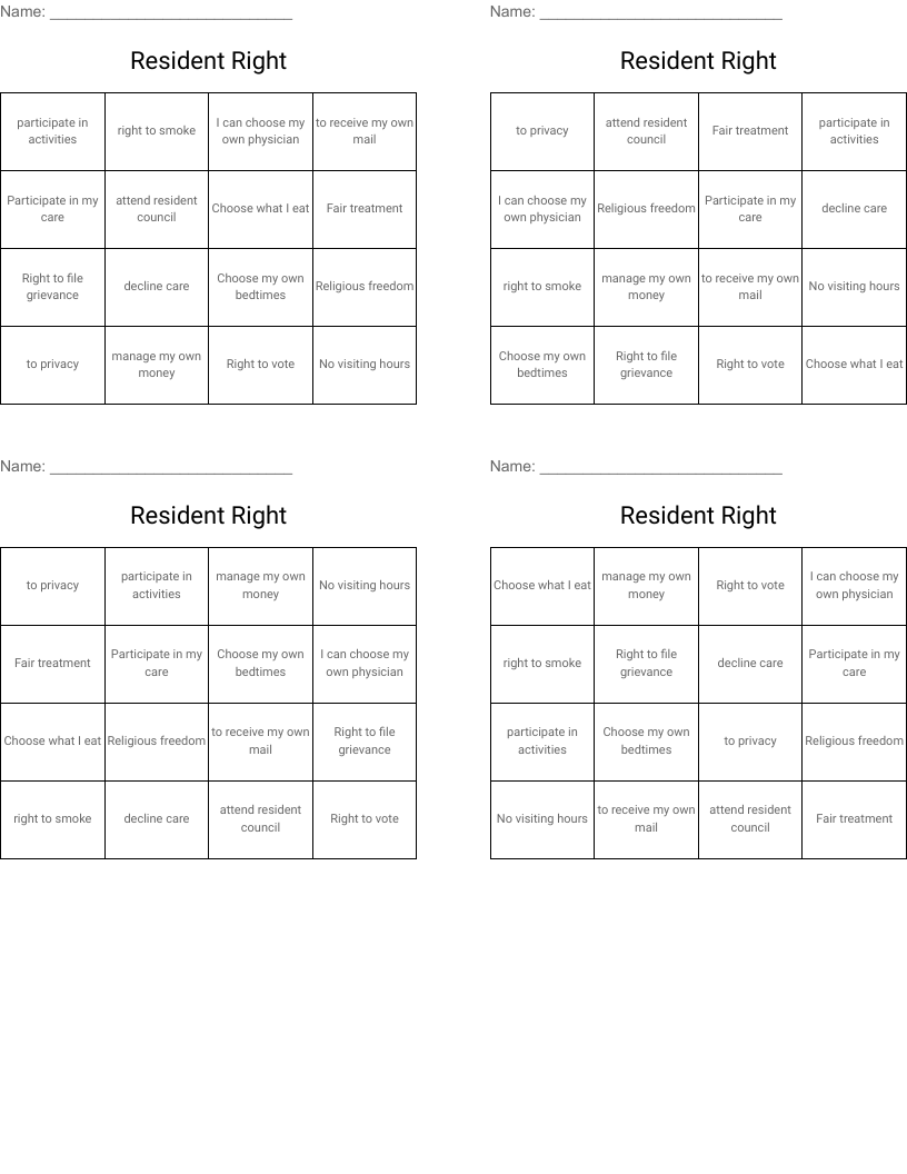 Resident Right Bingo Cards