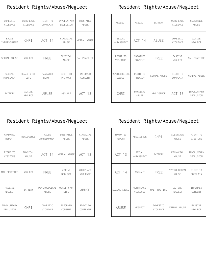 Resident Rights/Abuse/Neglect Bingo Cards