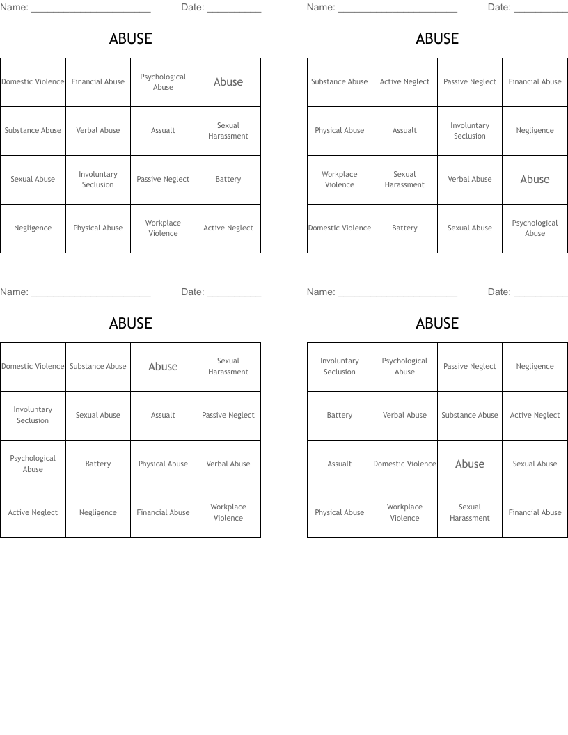 ABUSE Bingo Cards