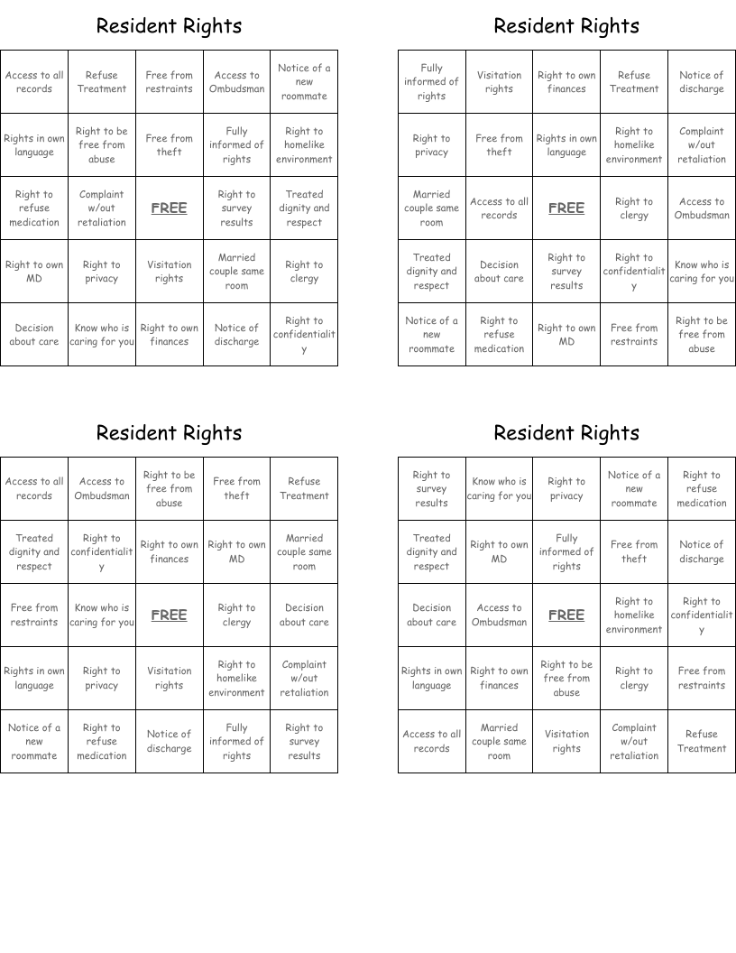 Resident Rights Bingo Cards