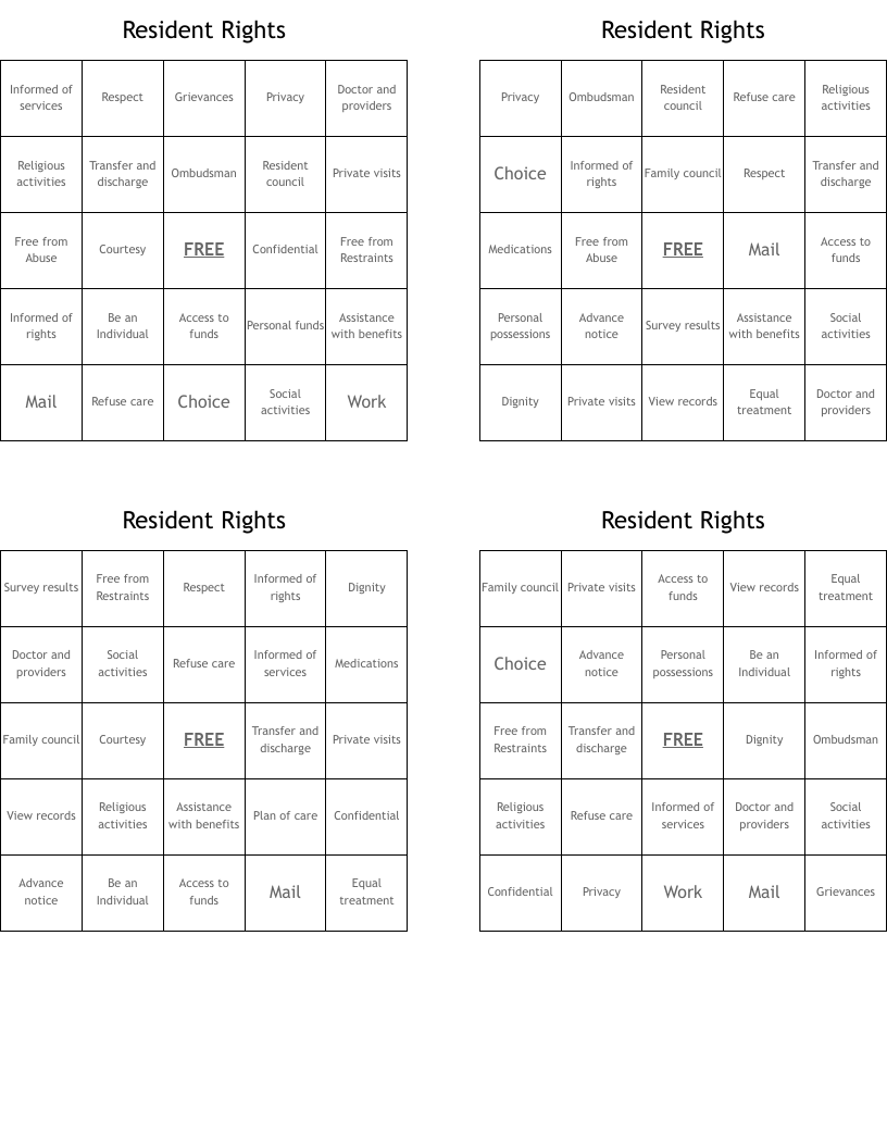 Resident Rights Bingo Cards