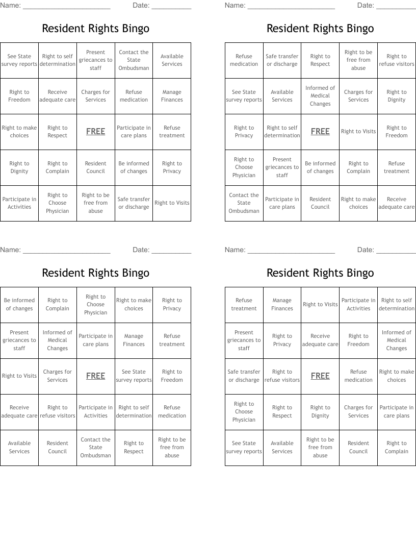 Resident Rights Bingo