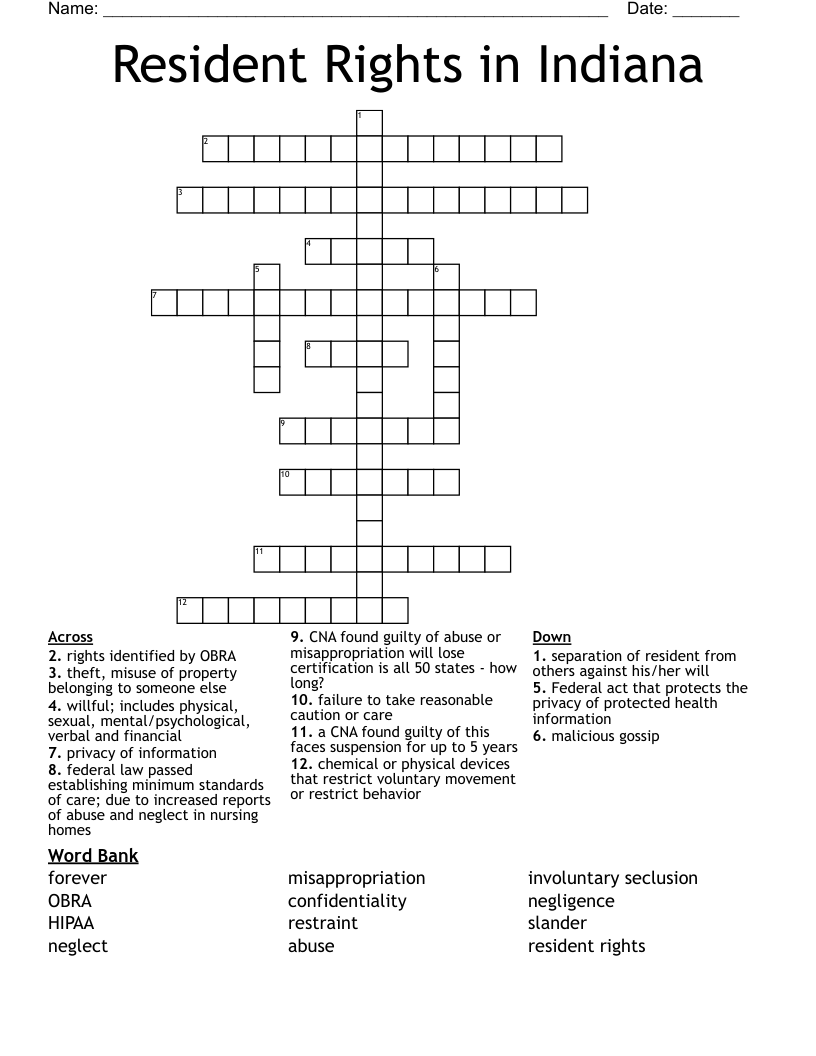 Resident Rights in Indiana Crossword