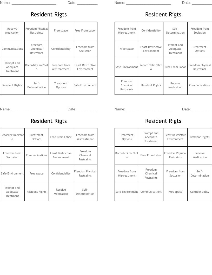Resident Rigts Bingo Cards