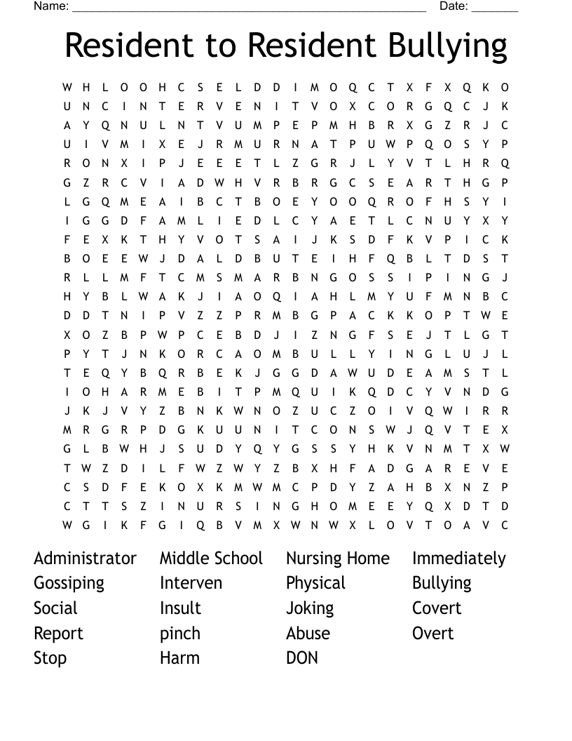 Resident to Resident Bullying  Word Search
