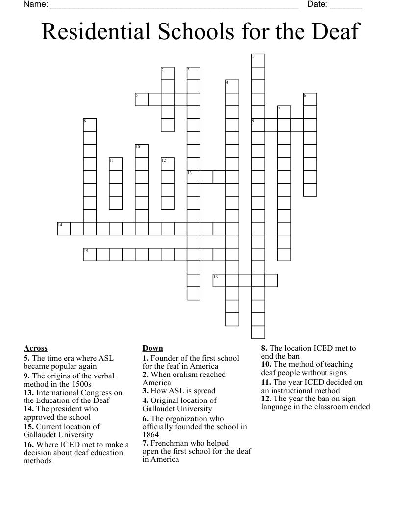 Residential Schools for the Deaf Crossword