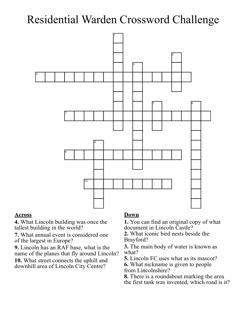 Residential Warden Crossword Challenge 