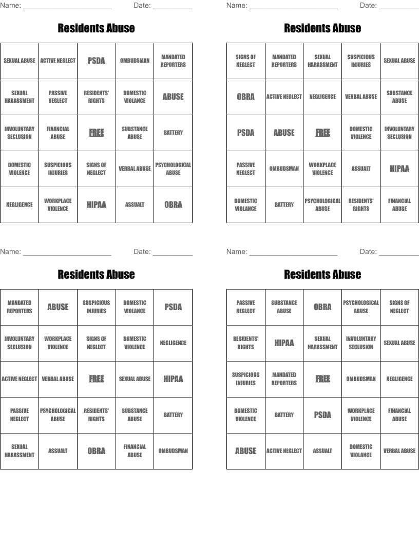 Residents Abuse Bingo Cards