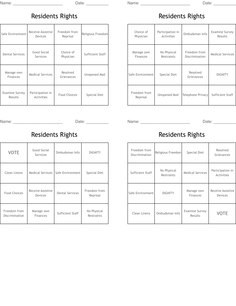 Residents Rights Bingo Cards