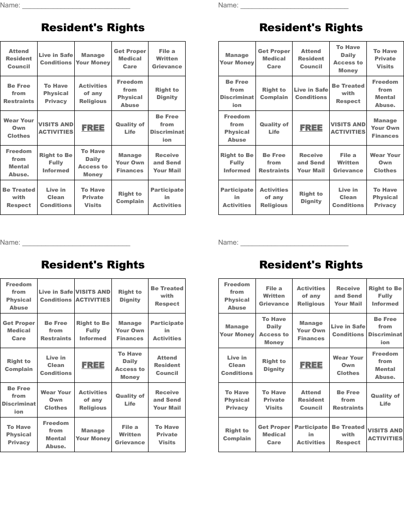 Resident's Rights Bingo Cards