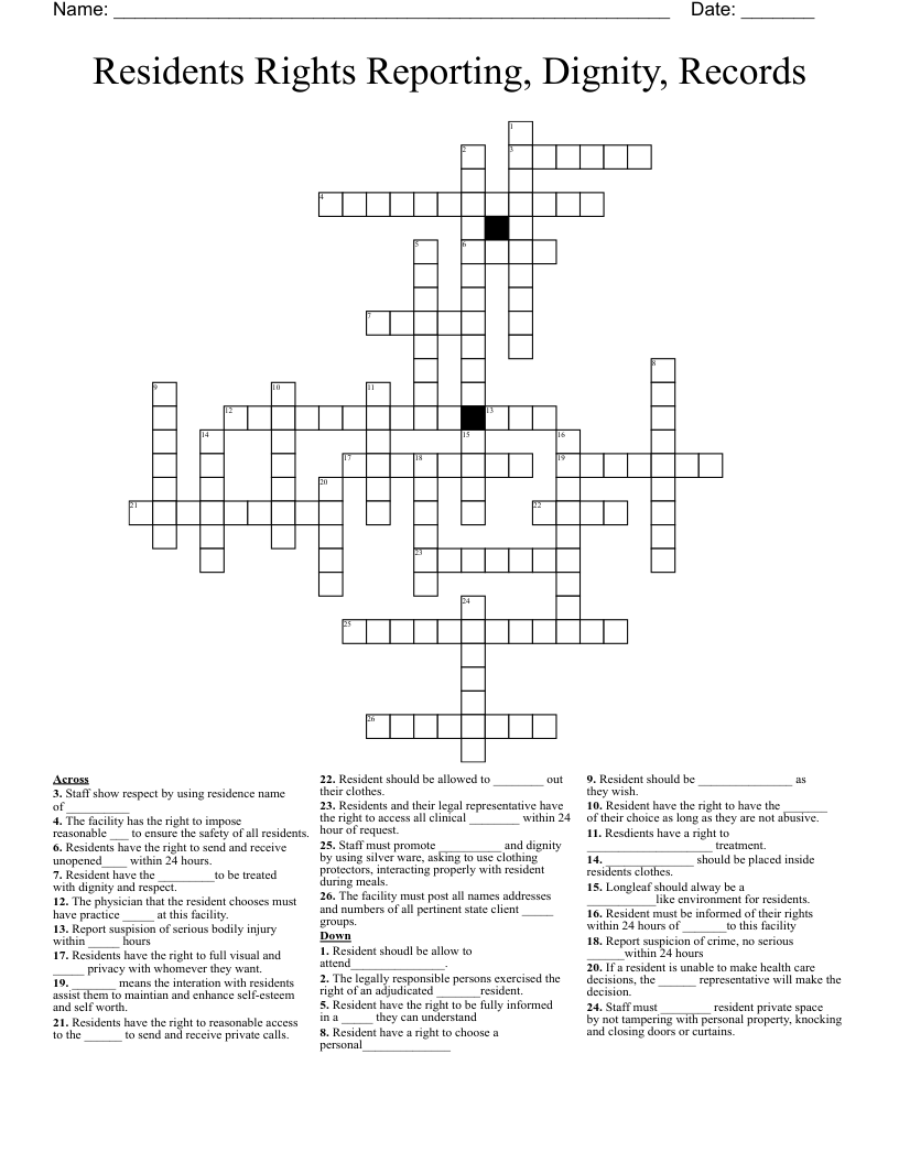 Residents Rights Reporting, Dignity, Records Crossword