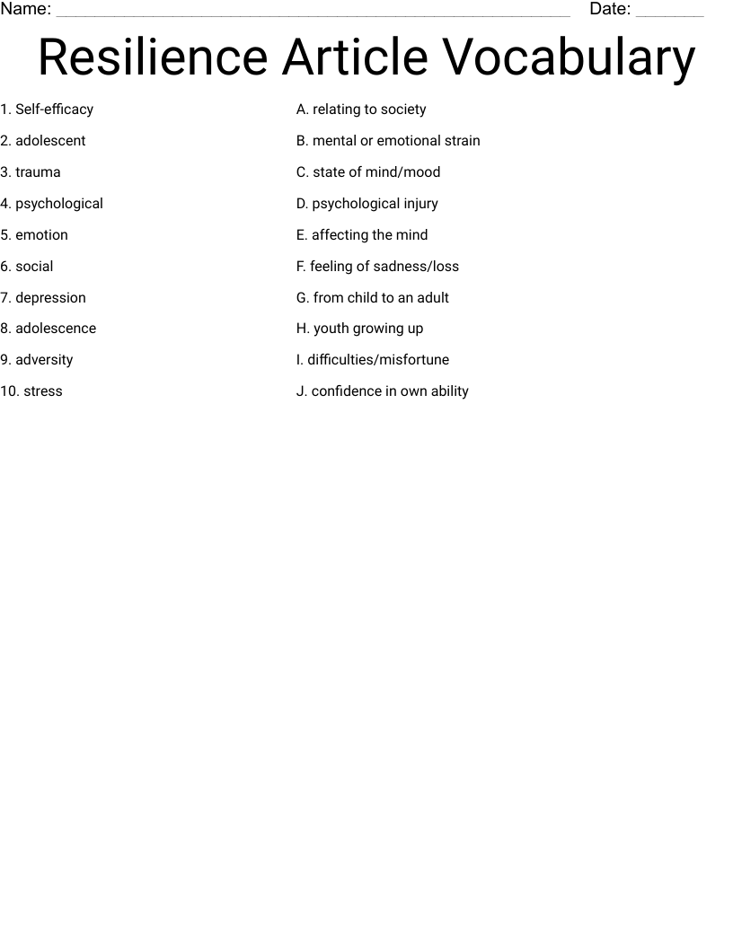 Resilience Article Vocabulary Worksheet