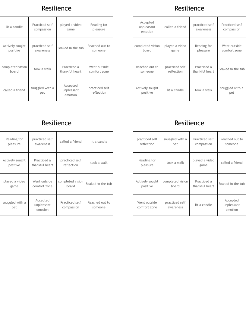 Resilience  Bingo Cards