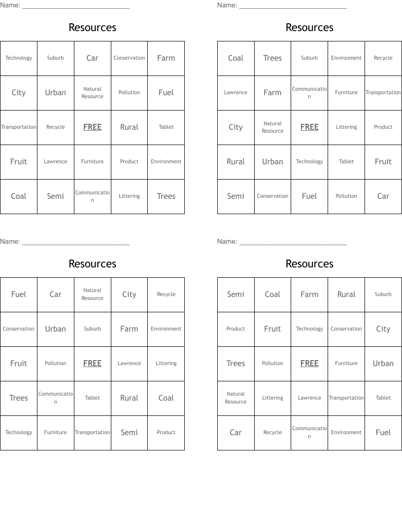 Resources  Bingo Cards