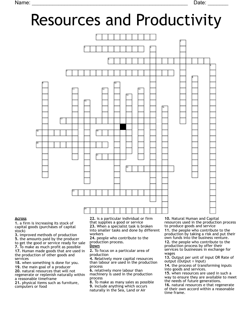 Resources and Productivity  Crossword