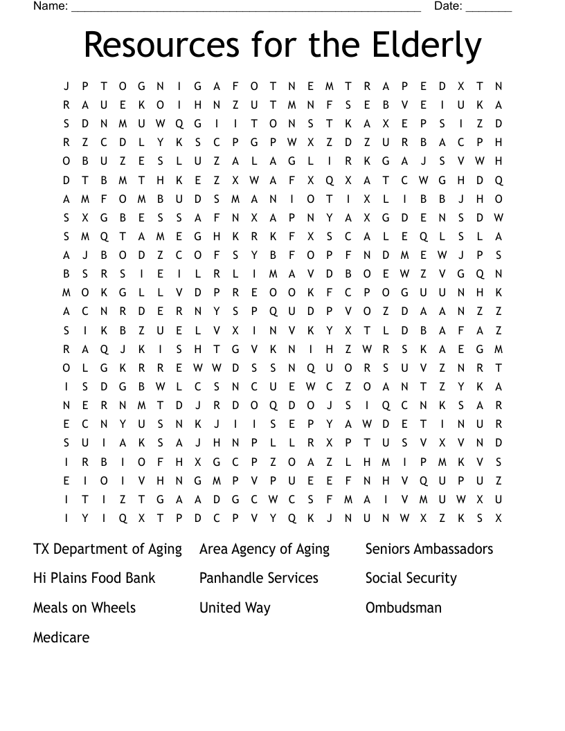 Resources for the Elderly Word Search