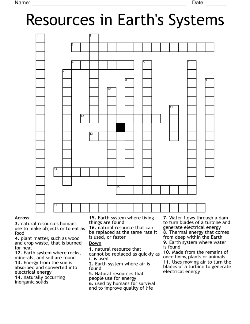 Resources in Earth's Systems Crossword