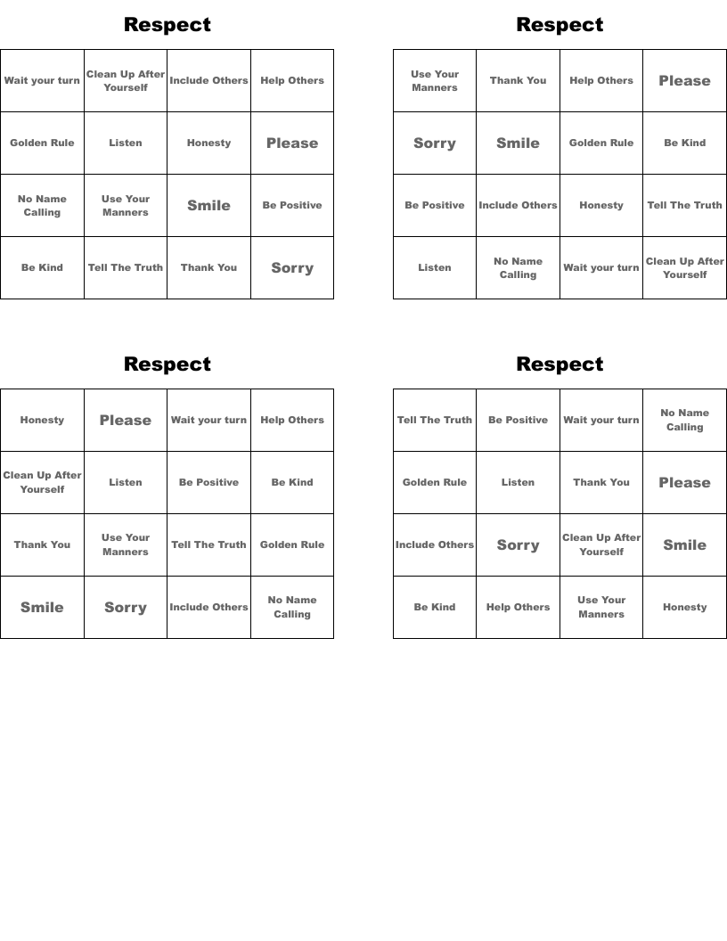 Respect Bingo Cards