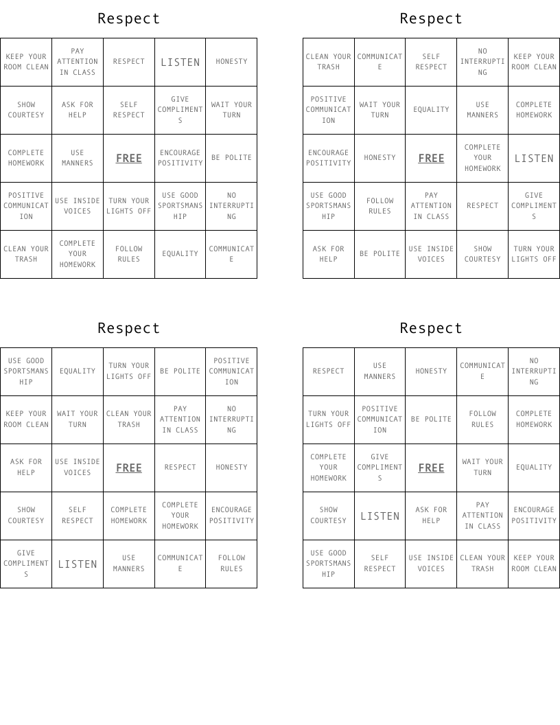 Respect Bingo Cards