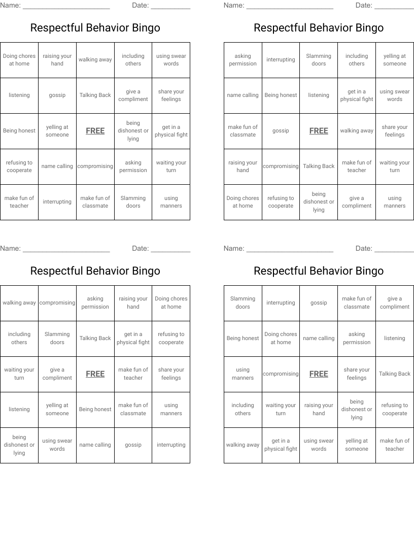 Respectful Behavior Bingo 