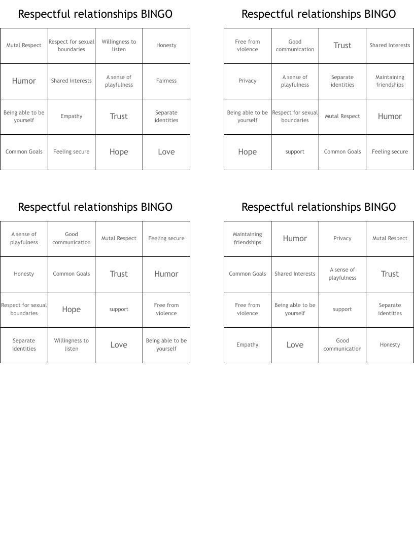 Respectful relationships BINGO