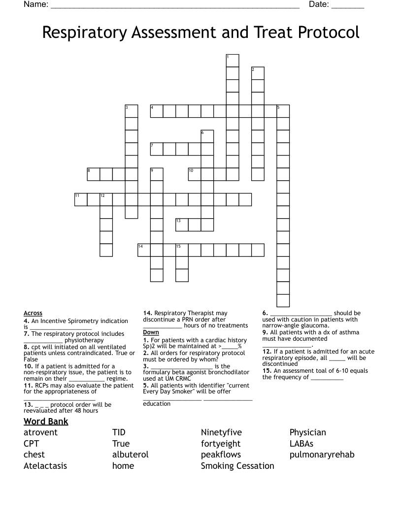 Respiratory Assessment and Treat Protocol Crossword
