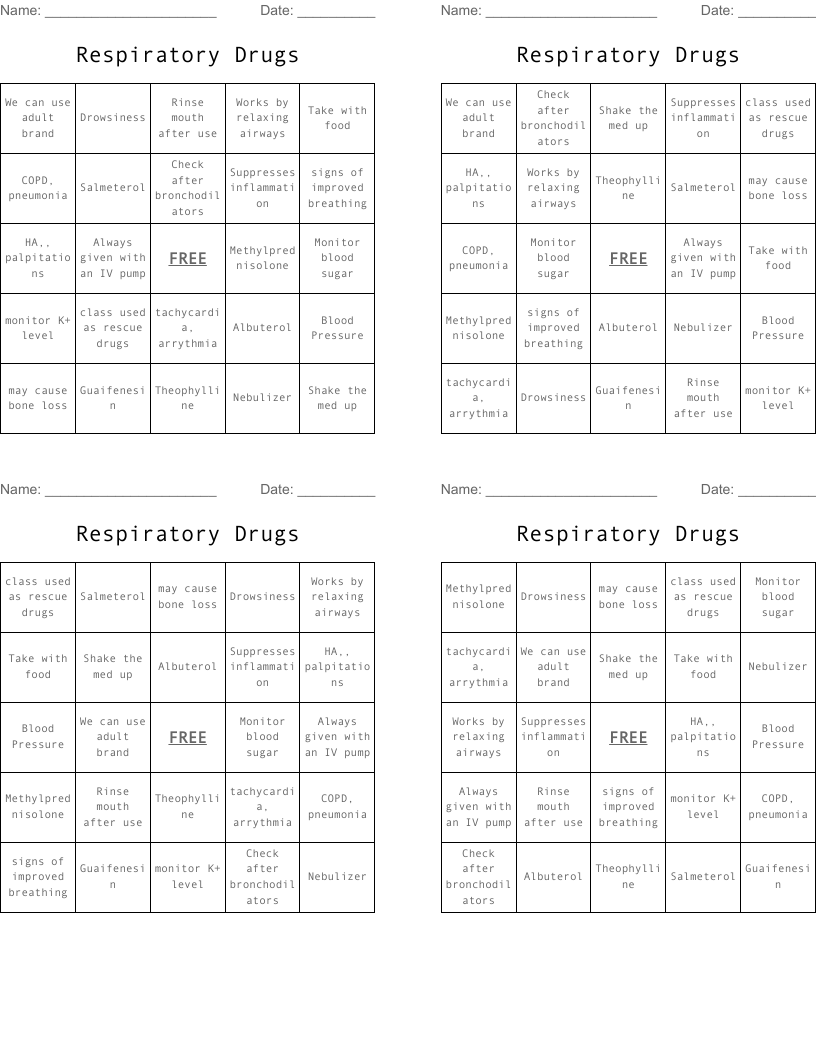 Respiratory Drugs Bingo Cards