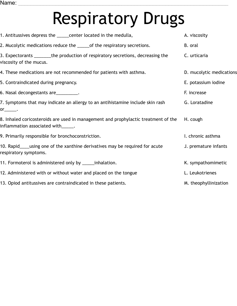 Respiratory Drugs Worksheet