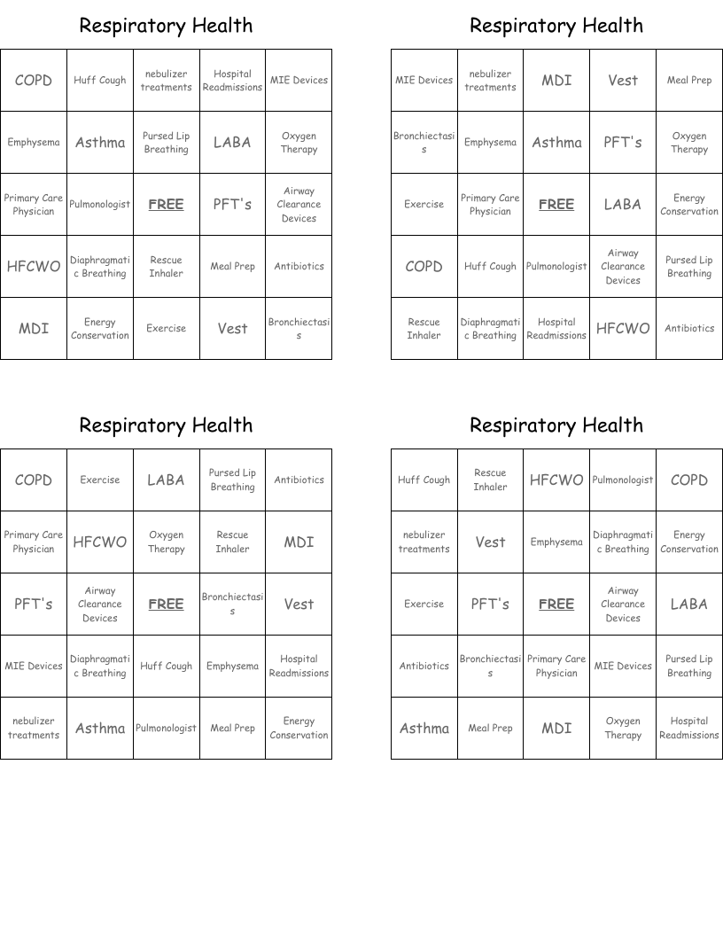 Respiratory Health Bingo Cards