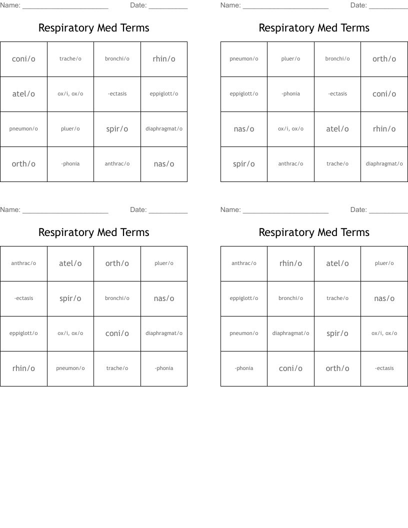 Respiratory Med Terms Bingo Cards