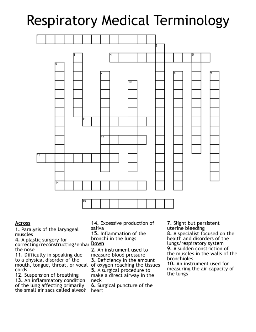 Respiratory Medical Terminology Crossword