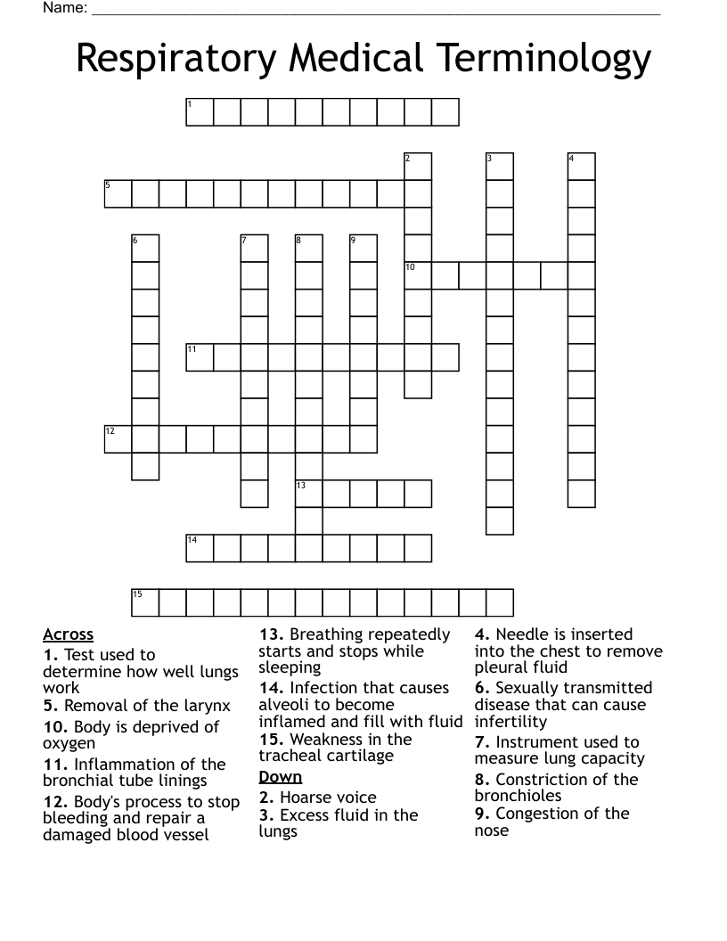 Respiratory Medical Terminology Crossword