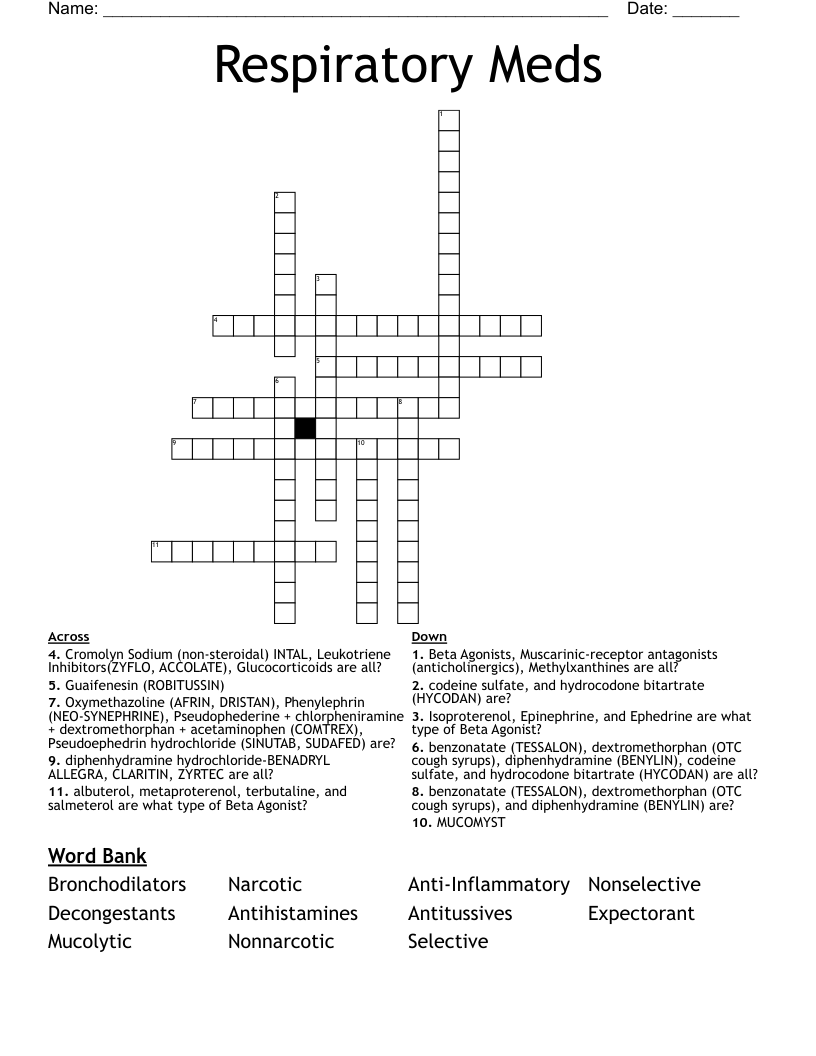 Respiratory Meds Crossword
