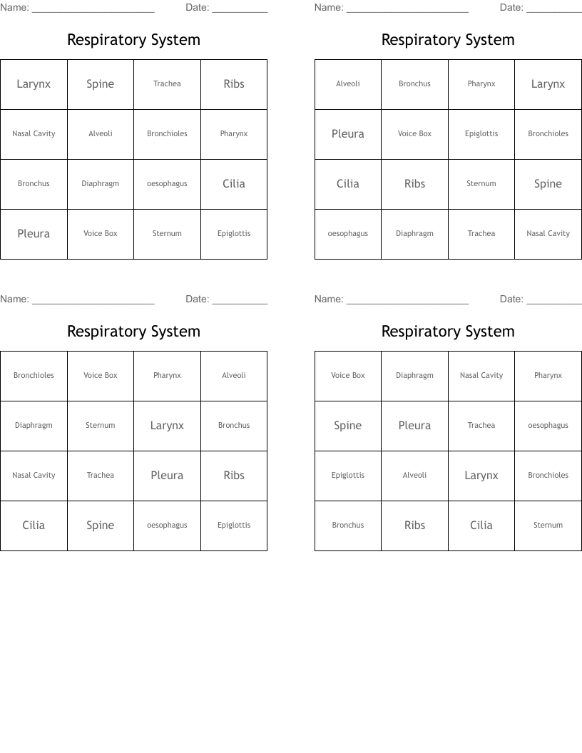 Respiratory System Bingo Cards