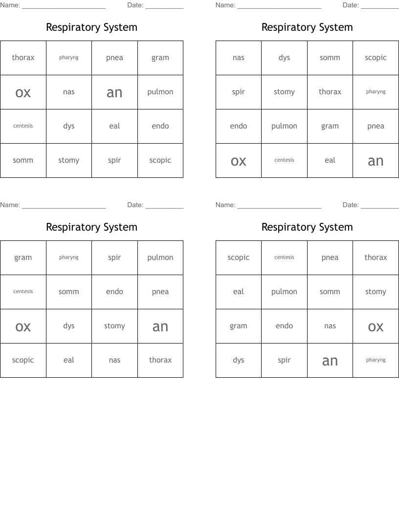 Respiratory System Bingo Cards