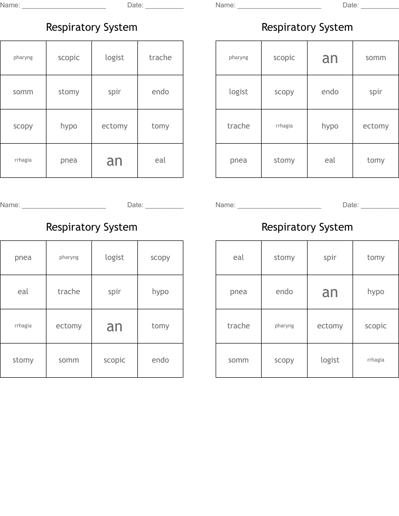 Respiratory System Bingo Cards