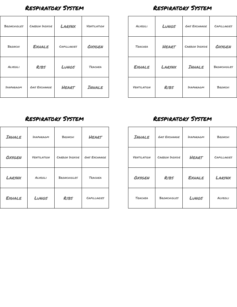 Respiratory System Bingo Cards