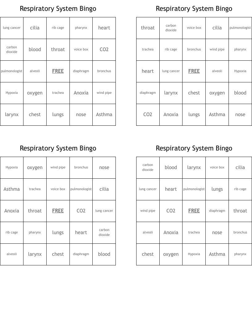 Respiratory System Bingo