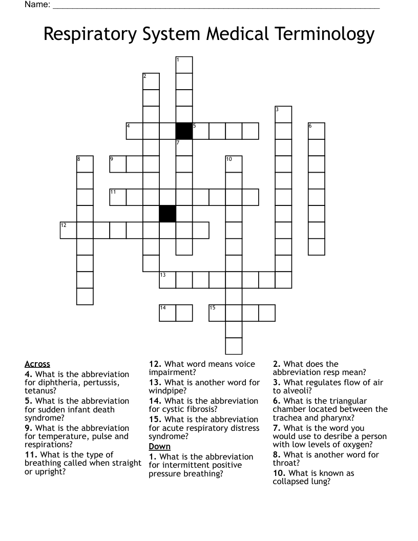 Respiratory System Medical Terminology Crossword