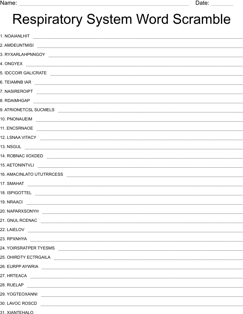 Respiratory System Word Scramble