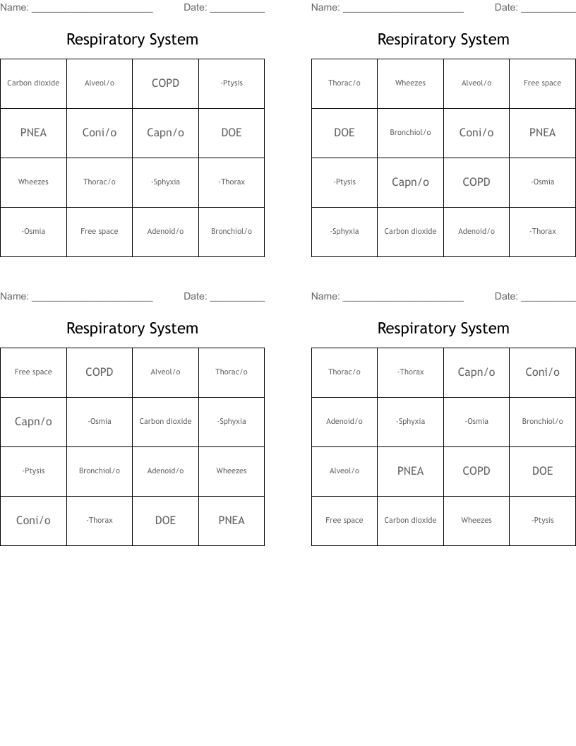 Respiratory System  Bingo Cards